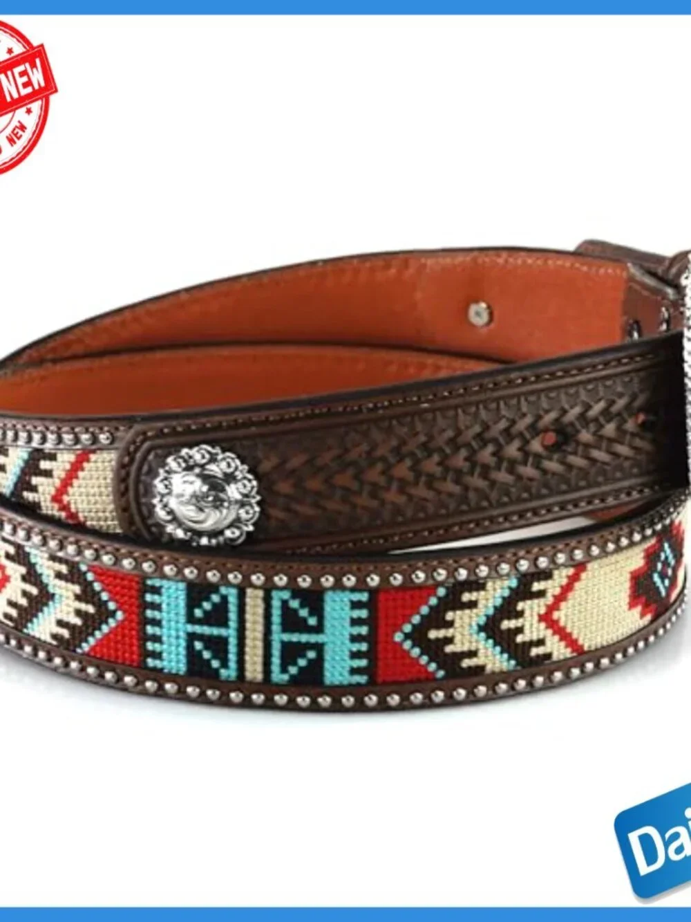 Men's Genuine Leather Western Belt with Embroidered Pattern, Size 44